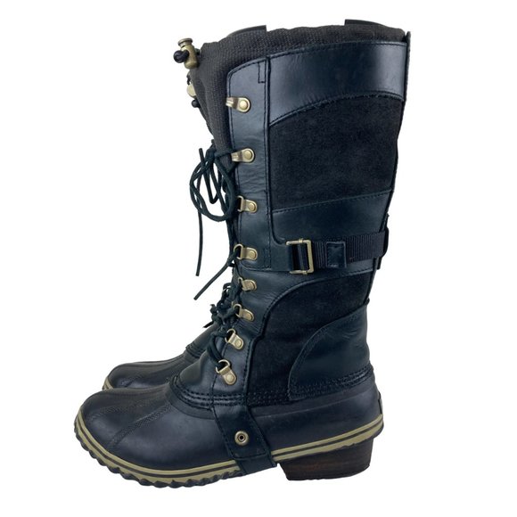 Sorel Conquest Carly Womens Sz 9.5 Leather Lace Up Winter Boots Black - Picture 2 of 15
